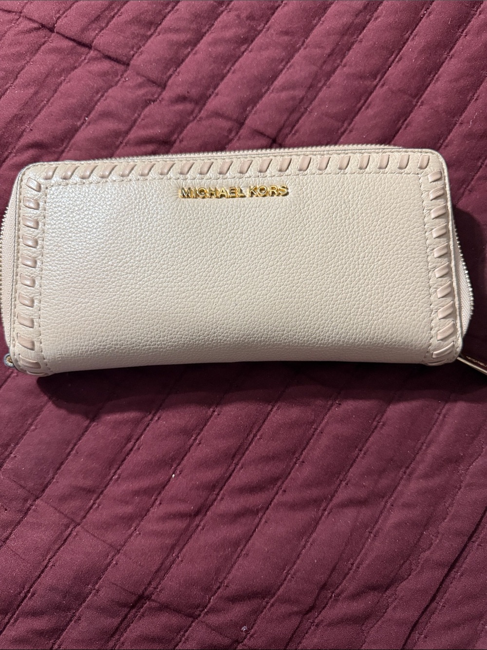 Michael Kors Cream Pebbled Zip-Around Wallet with Whipstitch Trim